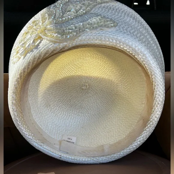 Vintage Ivory Beaded Floral Church Hat | Elegant Derby Sunday Brim,EUC,Size M - Picture 4 of 10